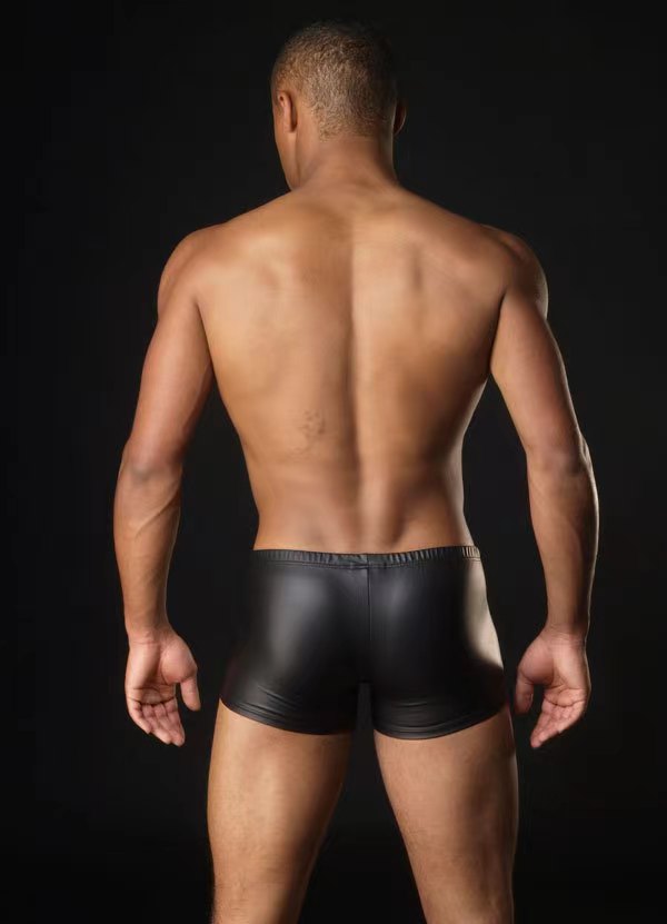M208-Sexy Fun Faux Leather Men's Boxer Patent Leather Underpants With Steel Rings 3 Colors Available