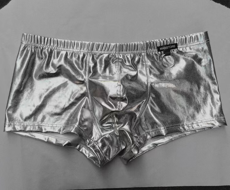 M208-Sexy Fun Faux Leather Men's Boxer Patent Leather Underpants With Steel Rings 3 Colors Available