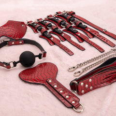 H2006--Crocodile print 7-piece couple's bed flirting kit Female slave bondage handcuffs collar adult toy