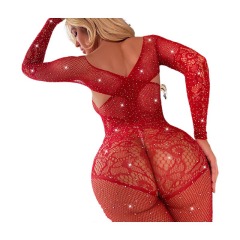 T8507--Hot drill chest embroidered sex net stockings long sleeve open open one-piece stockings