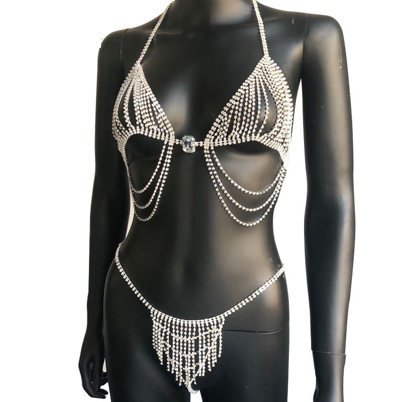 D622--Sexy bikini set with super flash diamond fringe breast chain body chain
