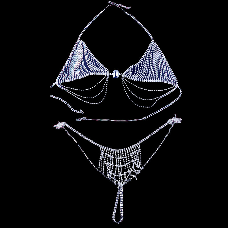 D622--Sexy bikini set with super flash diamond fringe breast chain body chain
