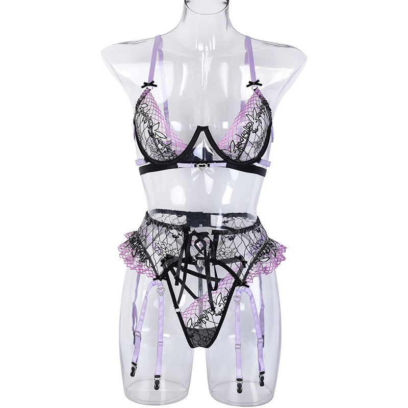 Z2842C--New women's fashion ruffled rabbit flower embroidery complex technology hollow sexy underwear three-piece set