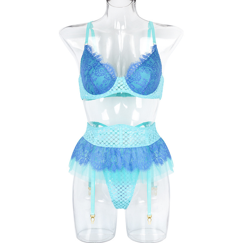 Z2157A--Sexy lady fashion mesh perspective splicing color cross sexy garter belt three pieces