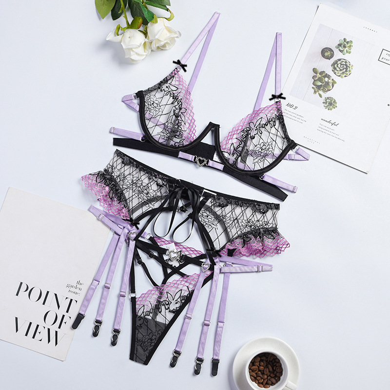 Z2842C--New women's fashion ruffled rabbit flower embroidery complex technology hollow sexy underwear three-piece set