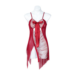 P8137--Strip hollowed-out bow design net gauze translucent nightdress