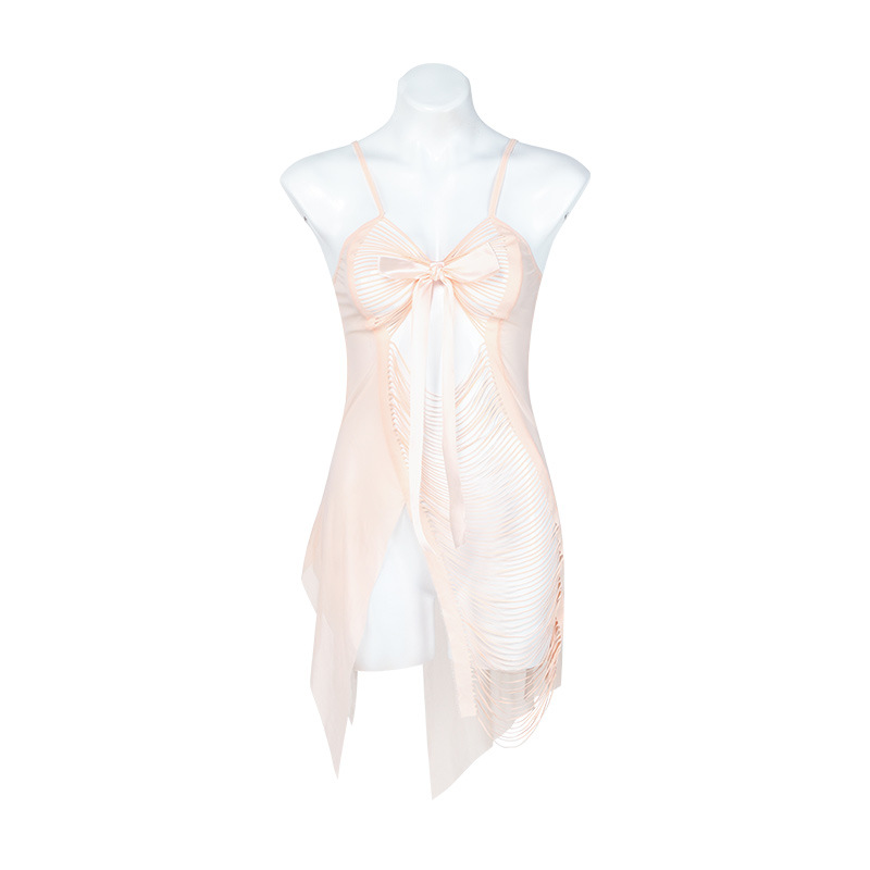 P8137--Strip hollowed-out bow design net gauze translucent nightdress