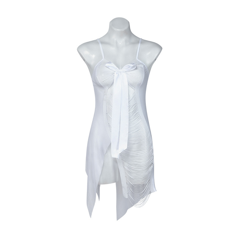 P8137--Strip hollowed-out bow design net gauze translucent nightdress