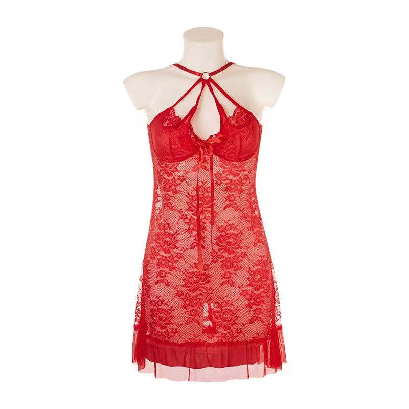 P8099--Hollowed-out see-through lace halter nightdress