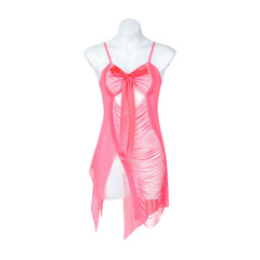 P8137--Strip hollowed-out bow design net gauze translucent nightdress