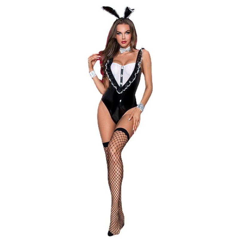 H7901--Black imitation patent leather sex underwear bunny suit sex uniform bunny suit 5 piece set