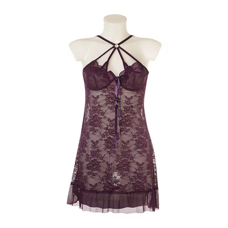 P8099--Hollowed-out see-through lace halter nightdress
