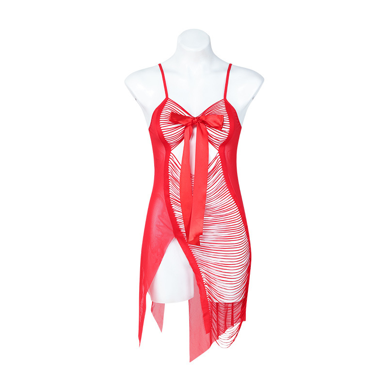 P8137--Strip hollowed-out bow design net gauze translucent nightdress