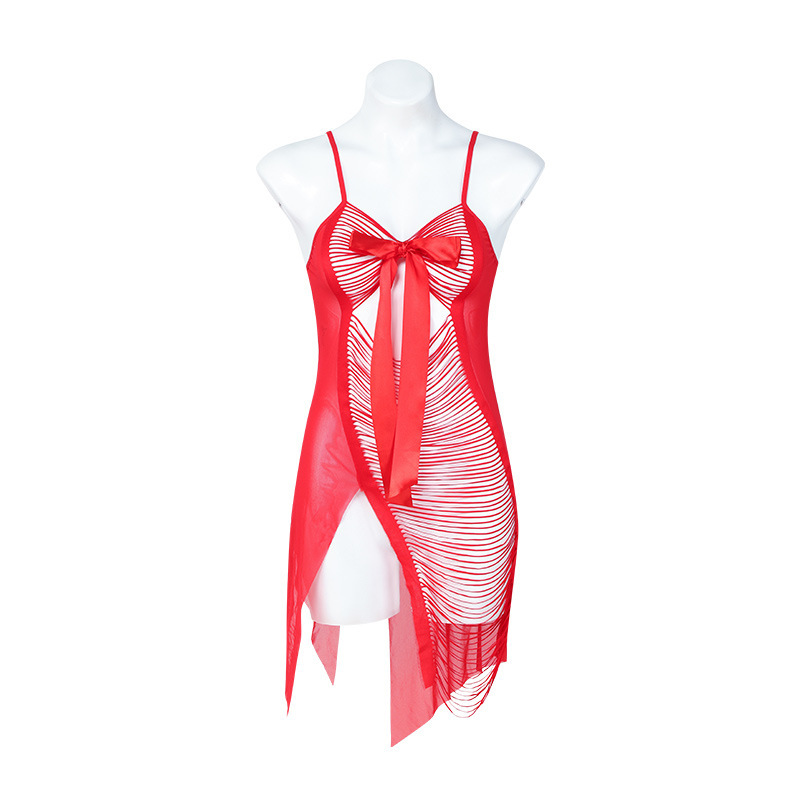 P8137--Strip hollowed-out bow design net gauze translucent nightdress