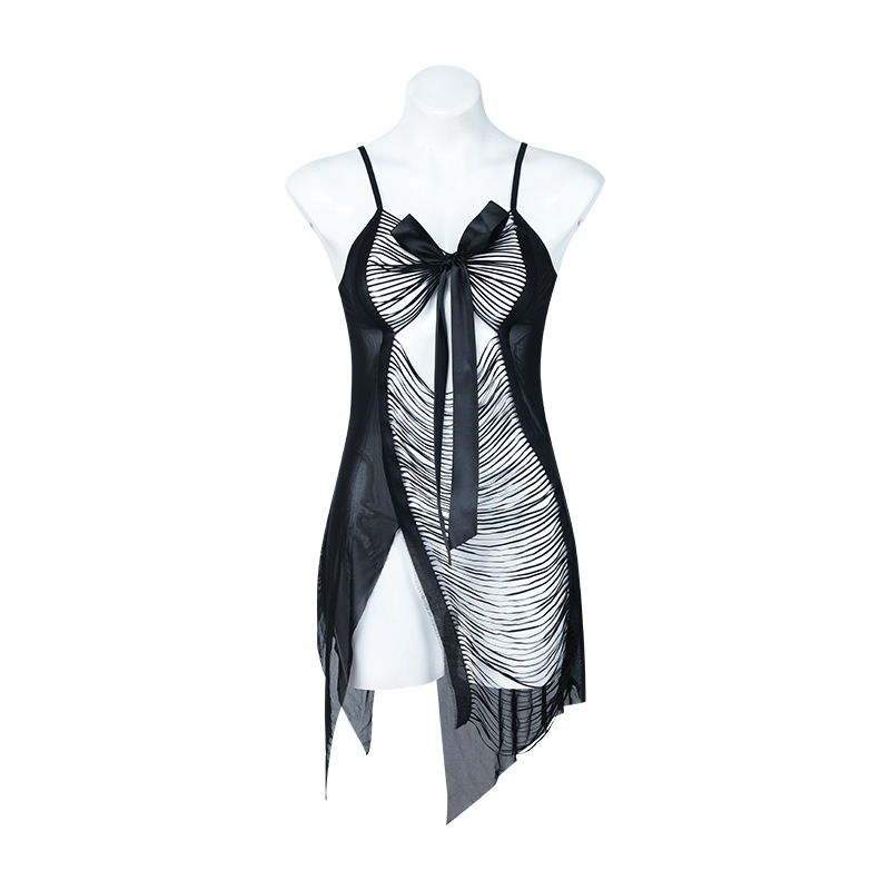 P8137--Strip hollowed-out bow design net gauze translucent nightdress