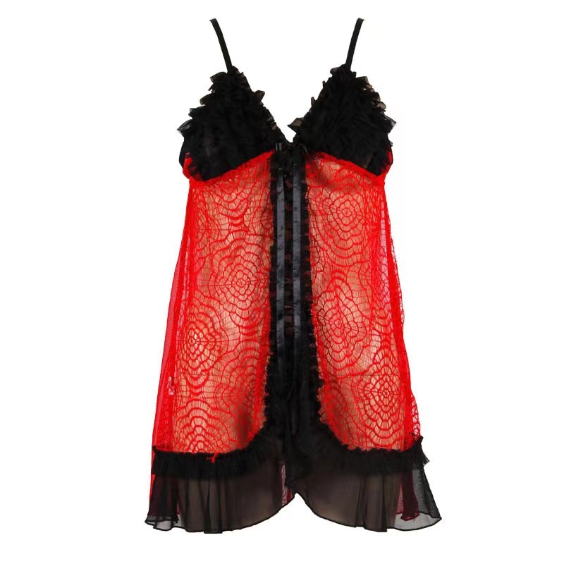 P8076--Lace mesh fun cardigan see-through nightdress