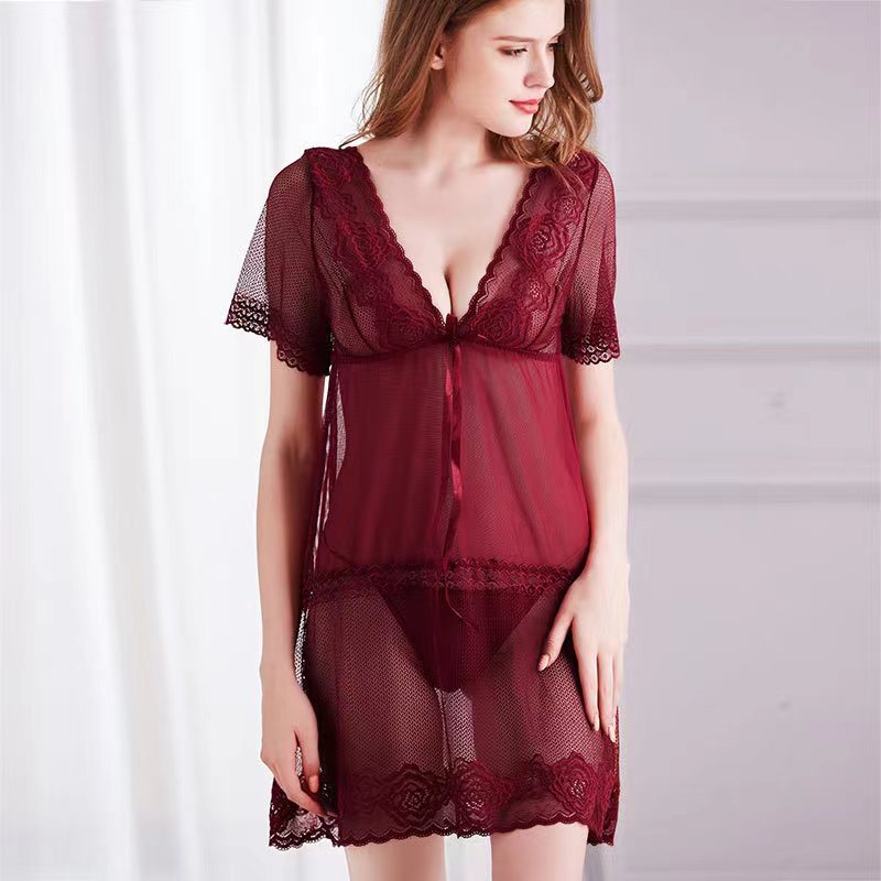 P8766--Short-sleeved mesh sex pajamas with a thong