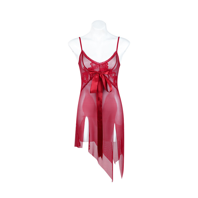 P8133-Mesh lace bow slit skirt pajamas