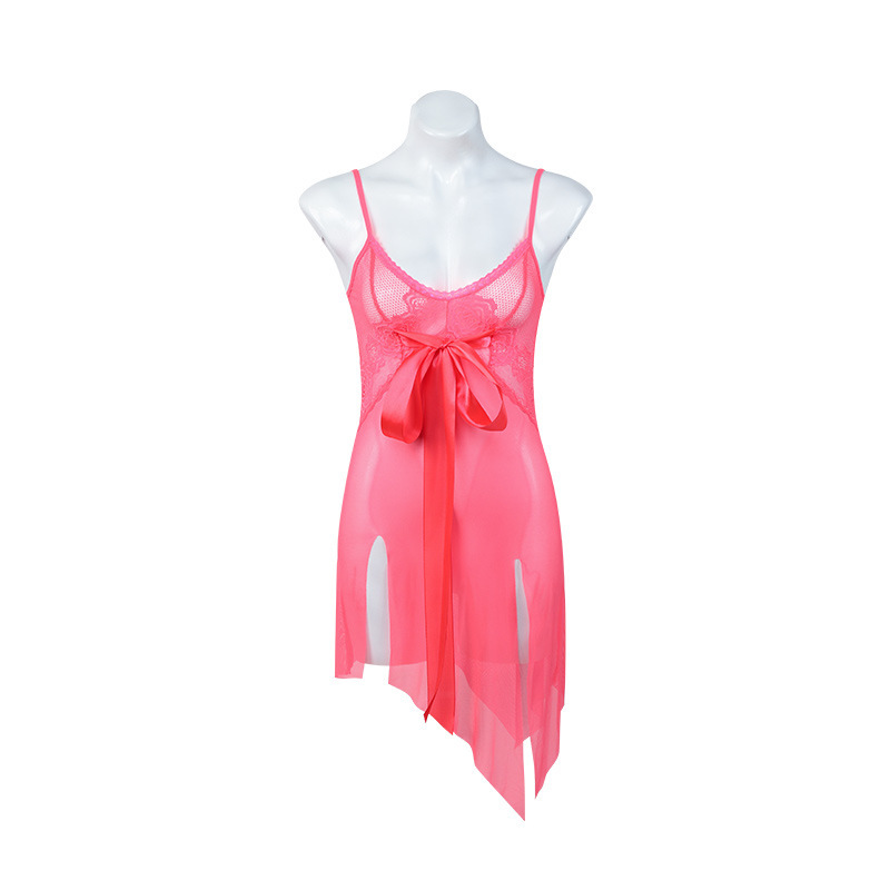 P8133-Mesh lace bow slit skirt pajamas