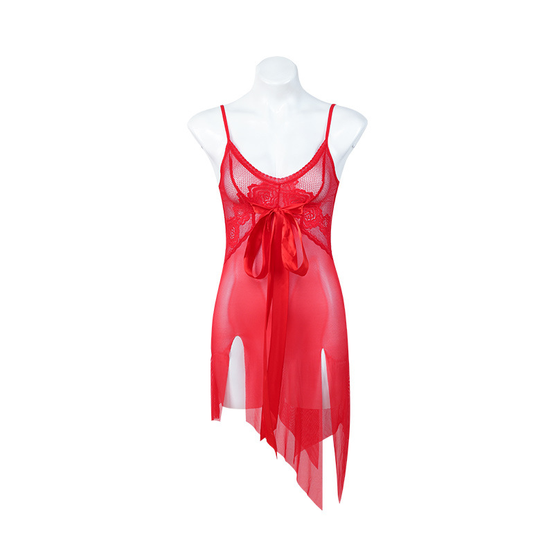 P8133-Mesh lace bow slit skirt pajamas
