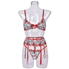 Q00890J--Explosive exquisite Rose embroidery sexy gathering three-piece set with underwire