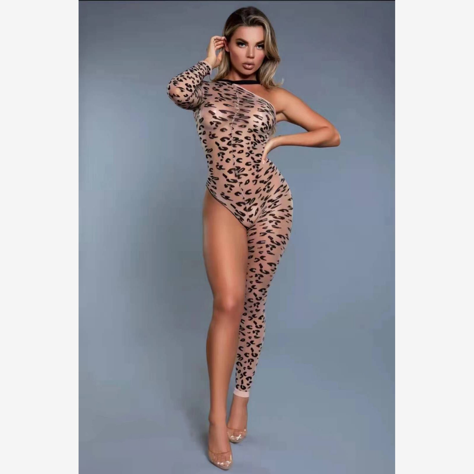 N-6008--Women's leopard print one-sleeved leg pantyhose mesh