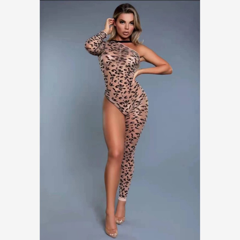 N-6008--Women's leopard print one-sleeved leg pantyhose mesh