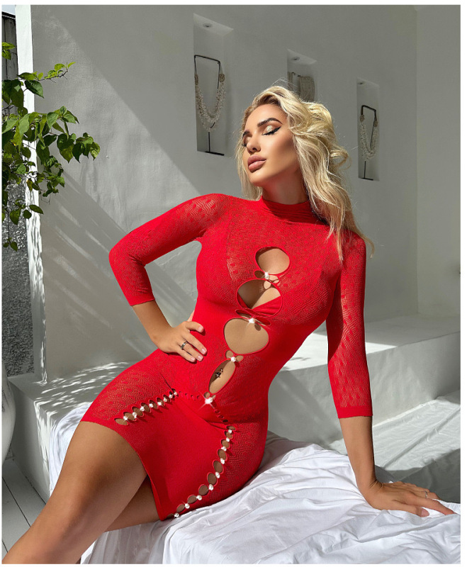 YDT231-The new net red pearl hollow sexy mesh pajamas temptation package hip skirt perspective