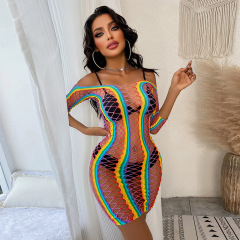 W111-Explosive high-elastic see-through outfit hollowed out fishing net sexy color strip series sexy net clothing combination