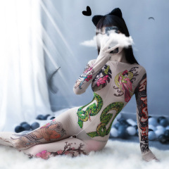 6308-European and American sexy stockings sexy tattoo long-sleeved one-piece underwear sexy pajamas