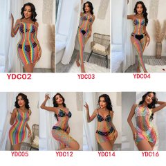 W111-Explosive high-elastic see-through outfit hollowed out fishing net sexy color strip series sexy net clothing combination