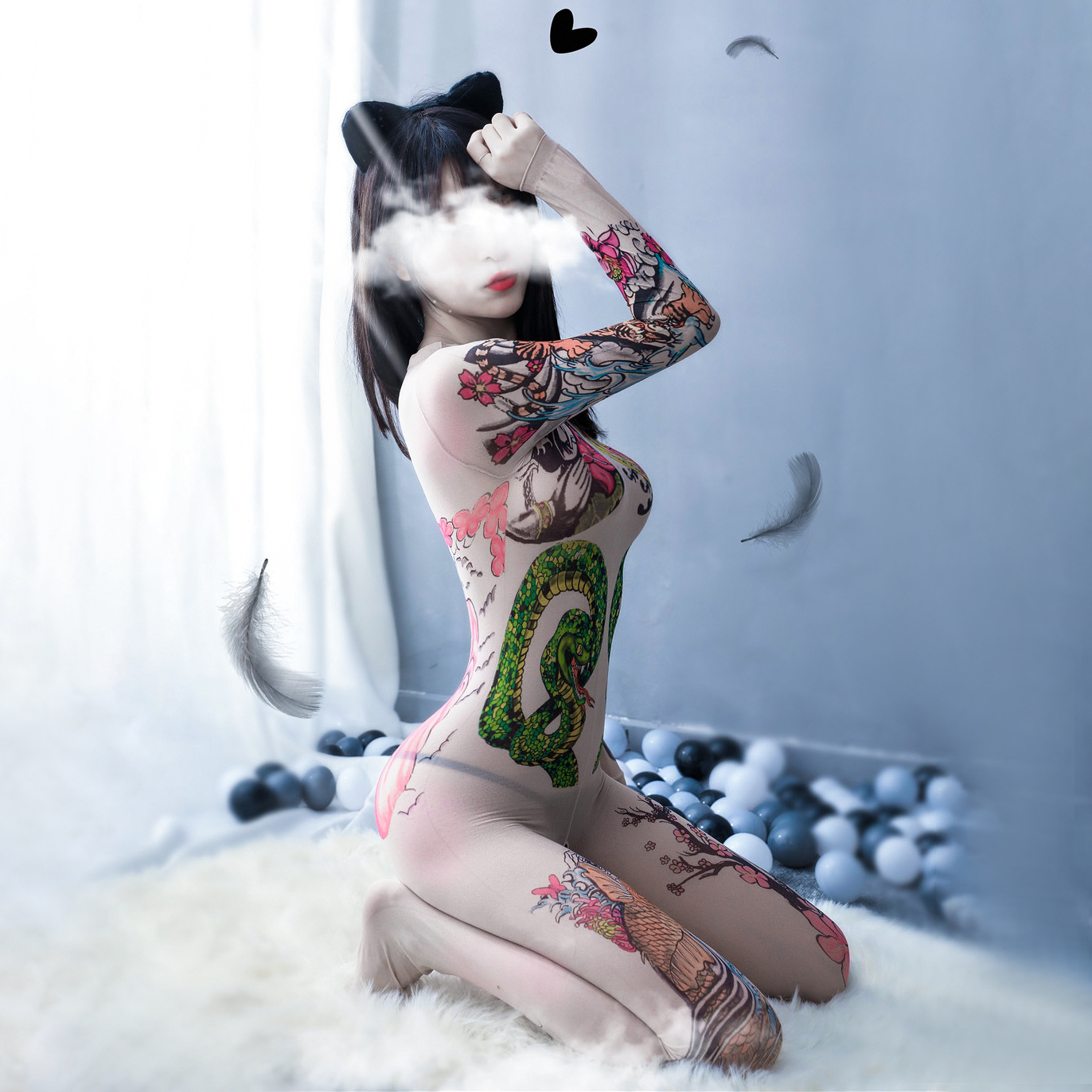 6308-European and American sexy stockings sexy tattoo long-sleeved one-piece underwear sexy pajamas