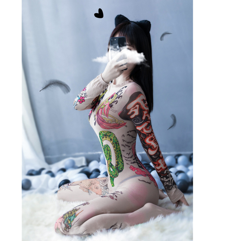 6308-European and American sexy stockings sexy tattoo long-sleeved one-piece underwear sexy pajamas