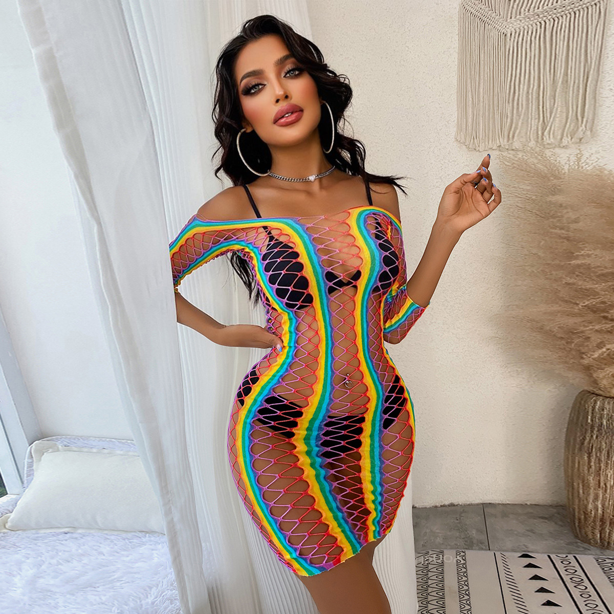 W111-Explosive high-elastic see-through outfit hollowed out fishing net sexy color strip series sexy net clothing combination