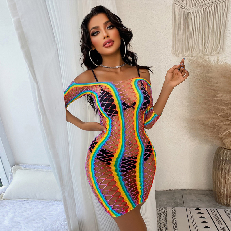 W111-Explosive high-elastic see-through outfit hollowed out fishing net sexy color strip series sexy net clothing combination