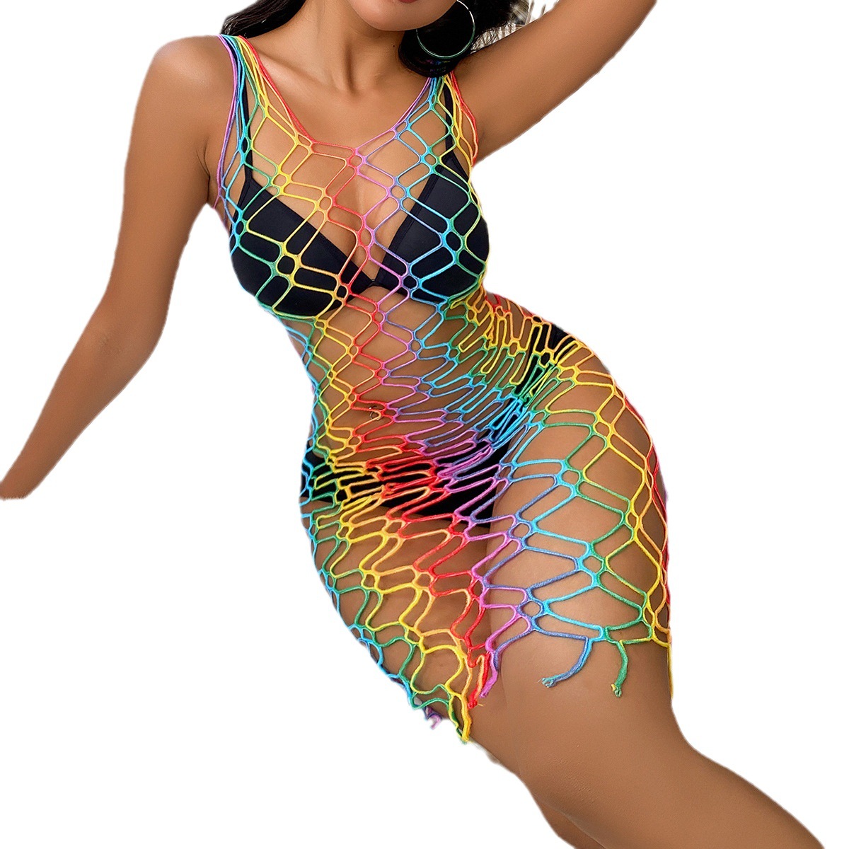 W111-Explosive high-elastic see-through outfit hollowed out fishing net sexy color strip series sexy net clothing combination
