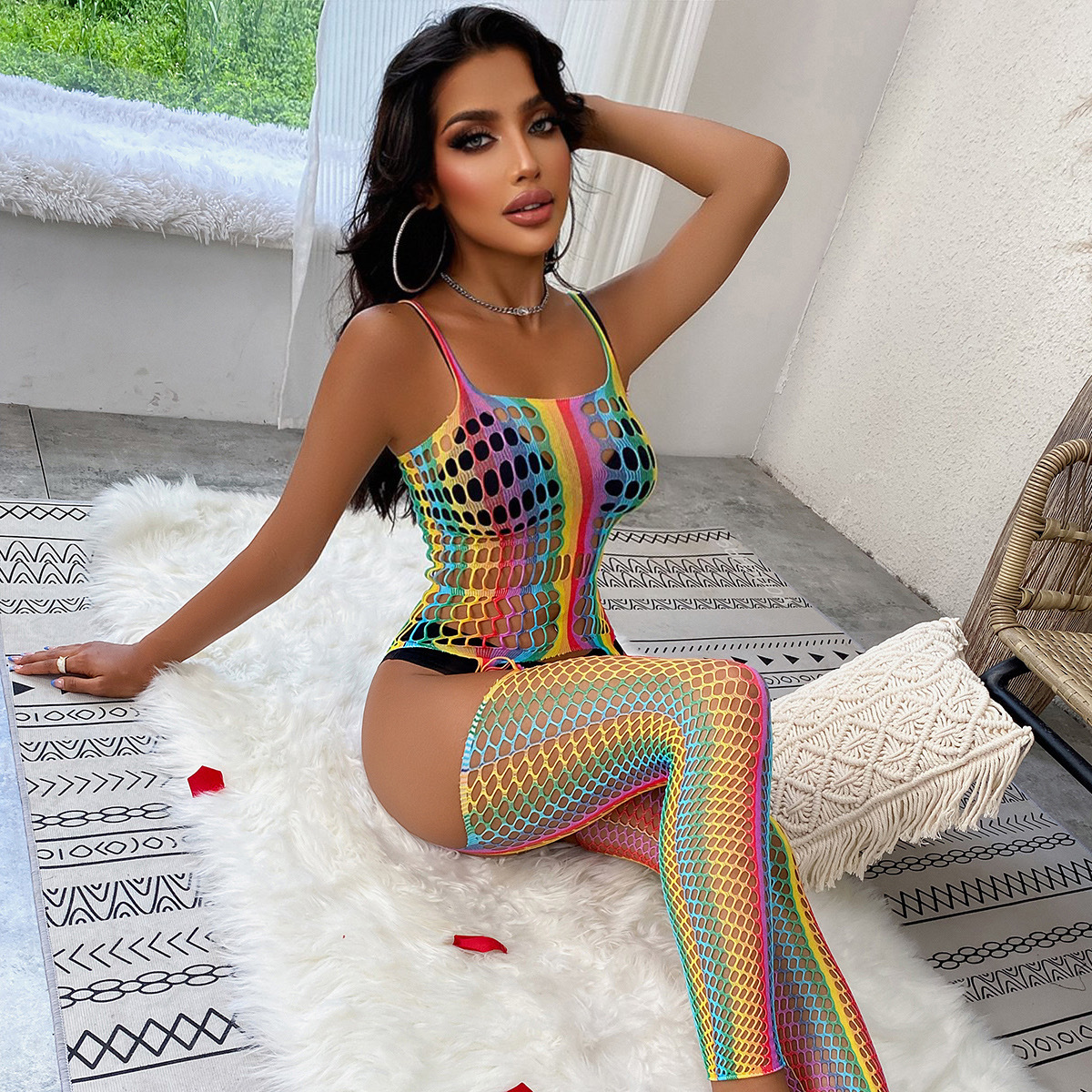 W111-Explosive high-elastic see-through outfit hollowed out fishing net sexy color strip series sexy net clothing combination