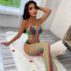W111-Explosive high-elastic see-through outfit hollowed out fishing net sexy color strip series sexy net clothing combination