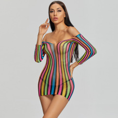 8919-Sexy pajamas colorful long-sleeved hip one-piece net suit sexy uniform temptation sexy skirt