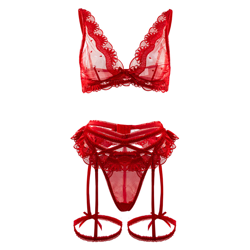 YY458--Sexy underwear deep V-neck thin seamless bra thin belt thong lace lace see-through dress