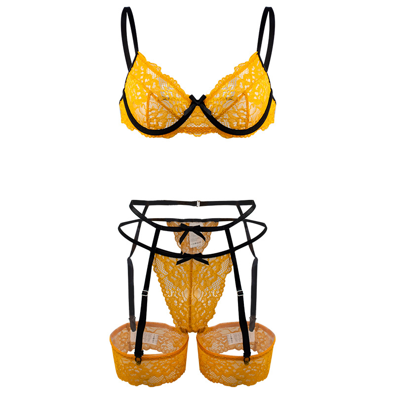 YY884--Sexy underwear Lace lace thin breathable bra low waist slim belt underwear bow sexy four-piece set