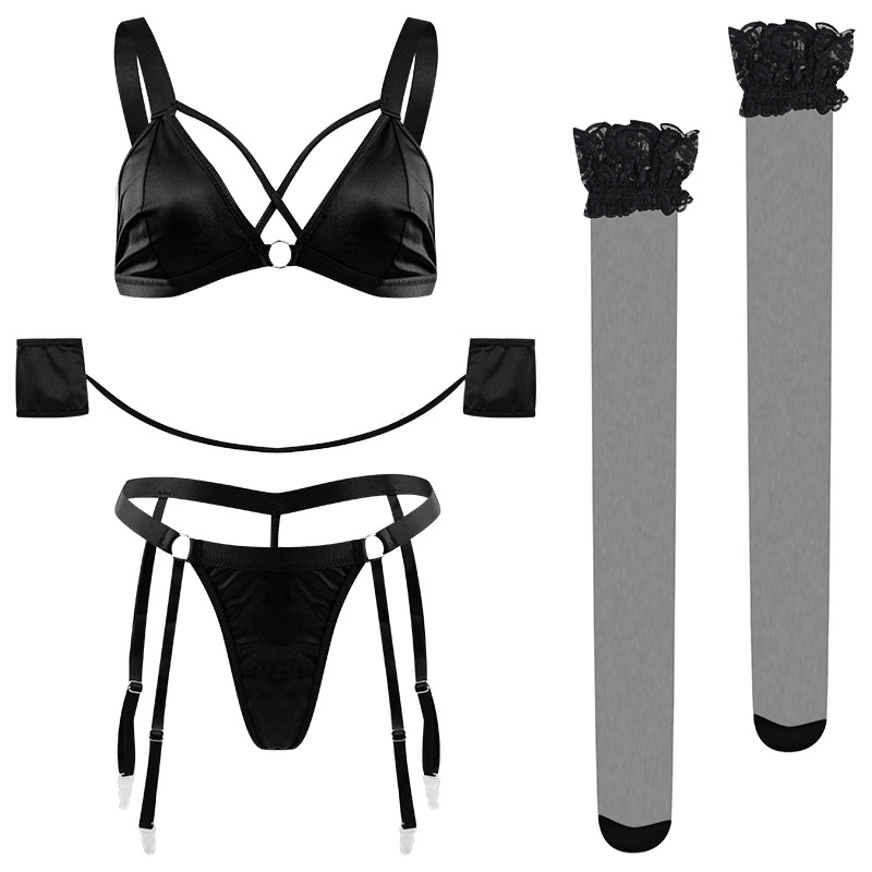 YY293--High-end passion sexy three-point split set hollow backless bra underwear training fun with handcuffs fun
