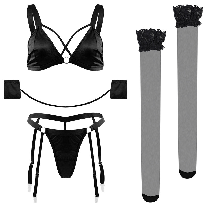 YY293--High-end passion sexy three-point split set hollow backless bra underwear training fun with handcuffs fun