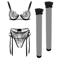 YY443--High-end personality sexy underwear garter set embroidery petals thin bra perspective sexy four-piece set