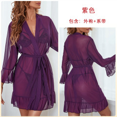 129--New gauze robe See-through gauze underwear Sexy bathrobe ruffled cardigan pajama lady