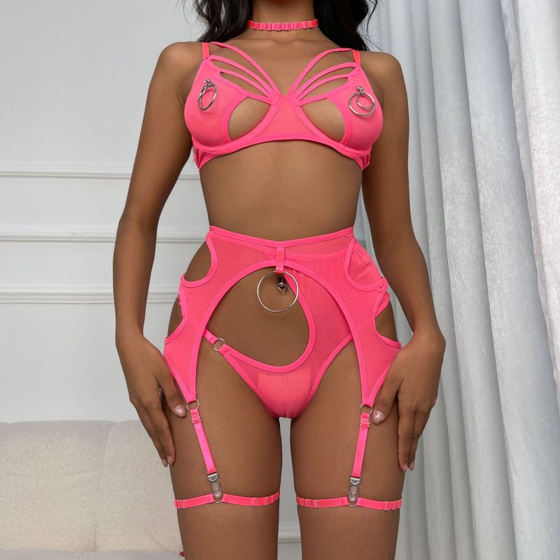 3266--Sexy lingerie 6-piece set with large looped metal accessories and halter cuff