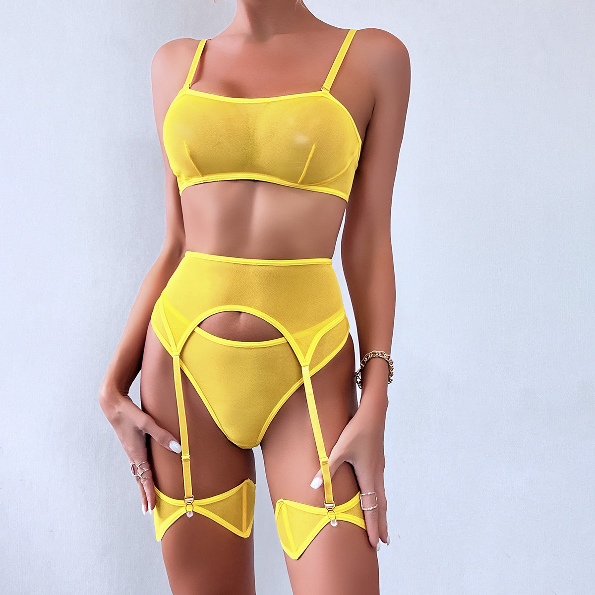 3382--Sexy underwear sex net yarn see-through high elastic comfort 4-piece set with leg ring