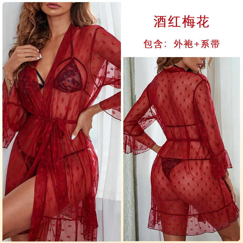 129--New gauze robe See-through gauze underwear Sexy bathrobe ruffled cardigan pajama lady