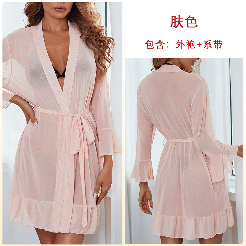 129--New gauze robe See-through gauze underwear Sexy bathrobe ruffled cardigan pajama lady