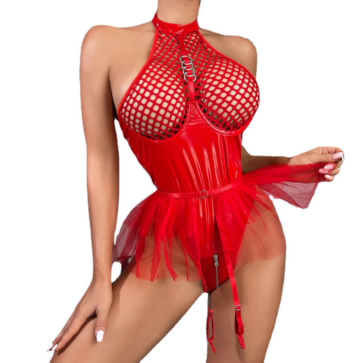 3334--Sexy PU patent leather mesh with neck underwear mesh gauze skirt garter jumpsuit can be solved